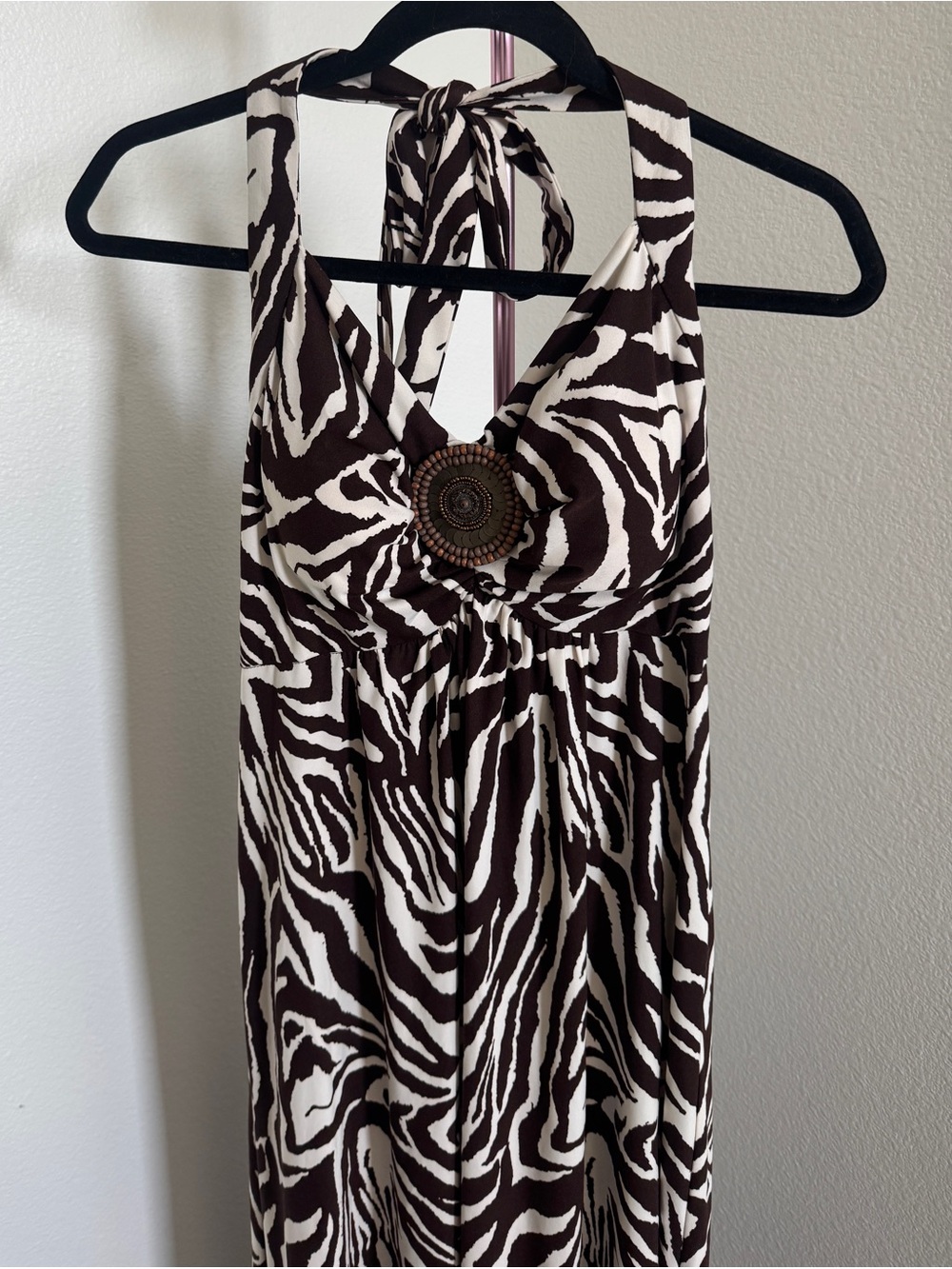 Brown and White Zebra Halter Dress with Decorative Medallion